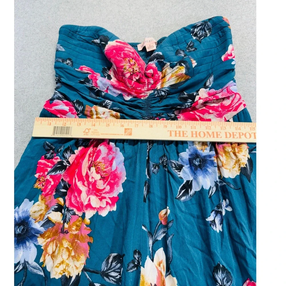 Heart Of Gypsy Jumpsuit Womens Large Teal Blue Floral Strapless Wide‎ Leg Boho